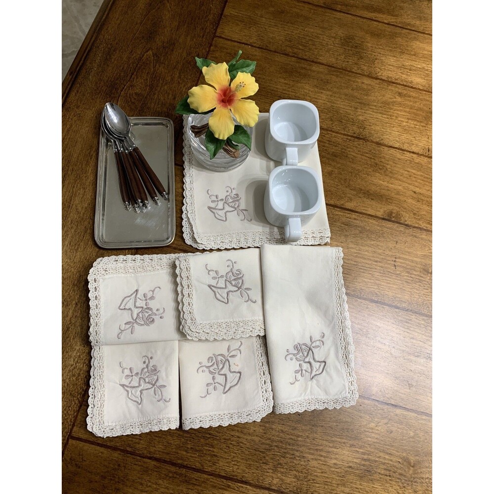 6 Vintage Cotton Hand-Embroidered Dinner Napkins Lace Edge 10"